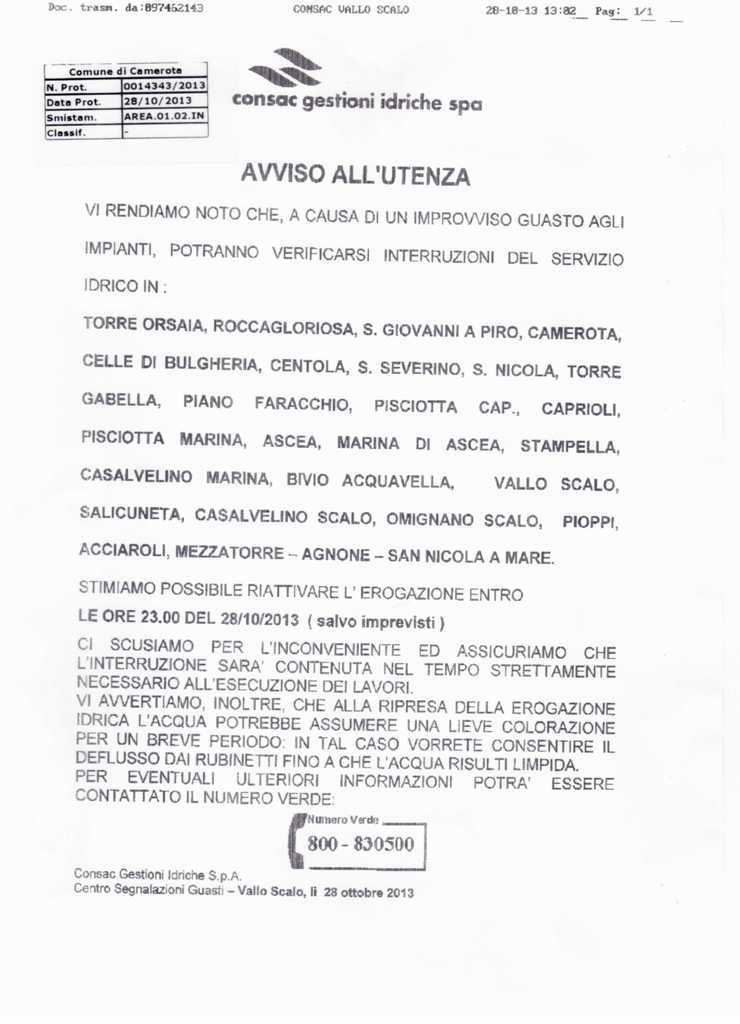 Consac: probabili interruzioni del servizio idrico