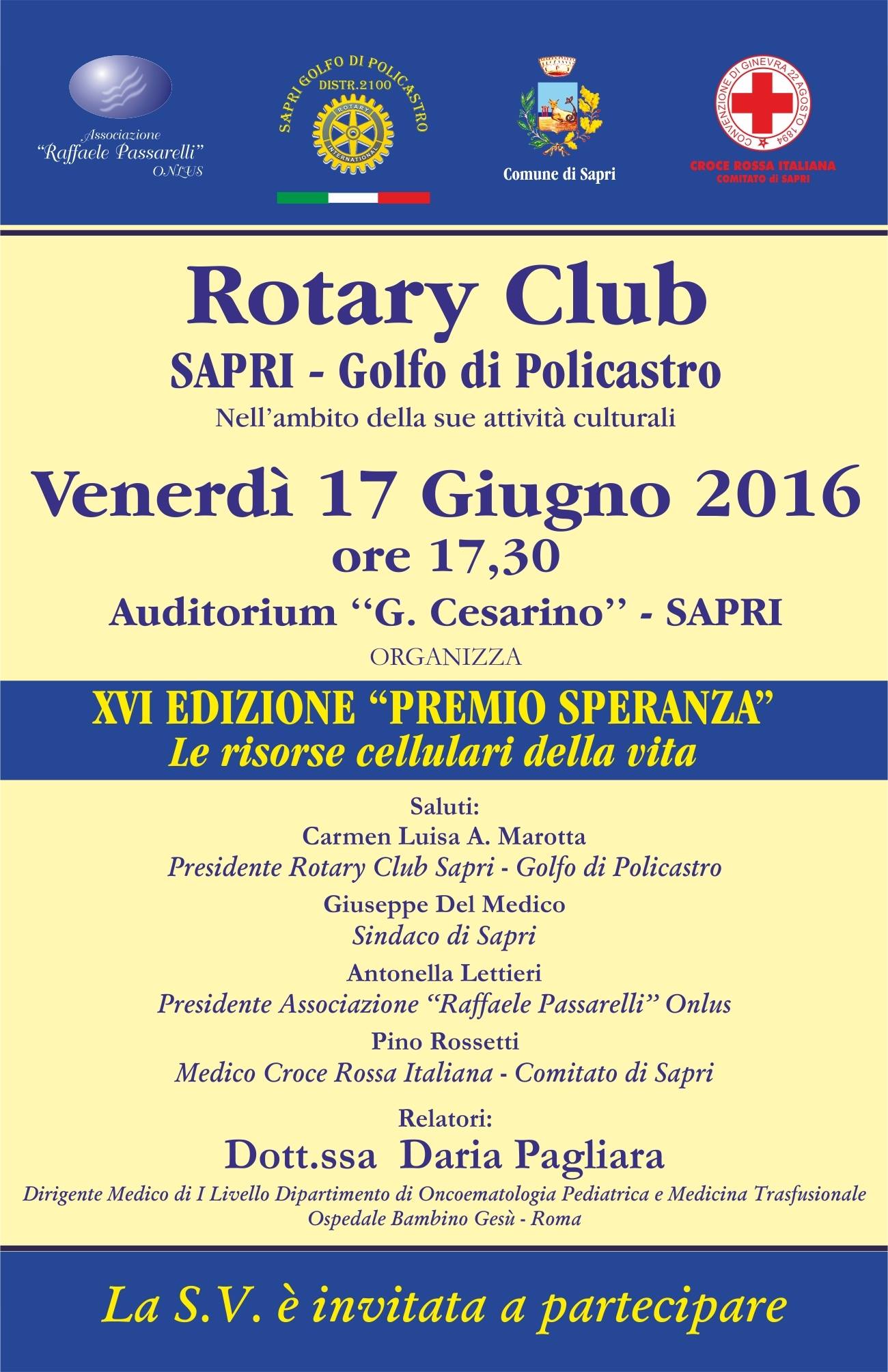 Venerdì 17 giugno la XVI edizione del Premio Speranza del Rotary