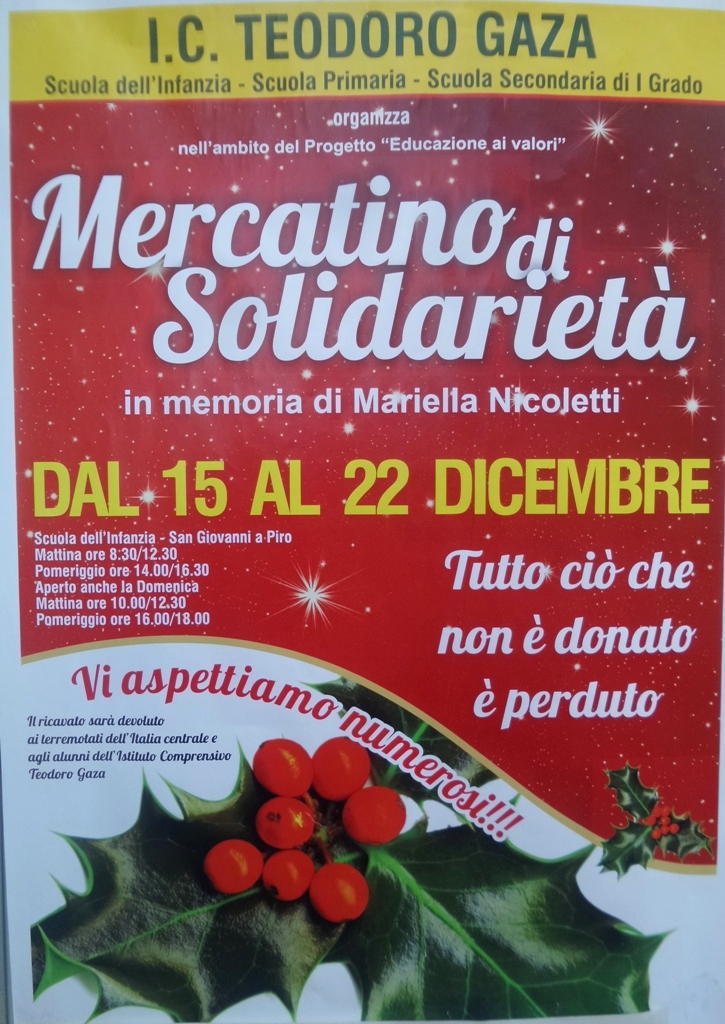 Ritorna il mercatino di solidarieta' dell'Istituto Gaza. Il ricavato ai terremotati del Centro Italia e agli alunni della scuola