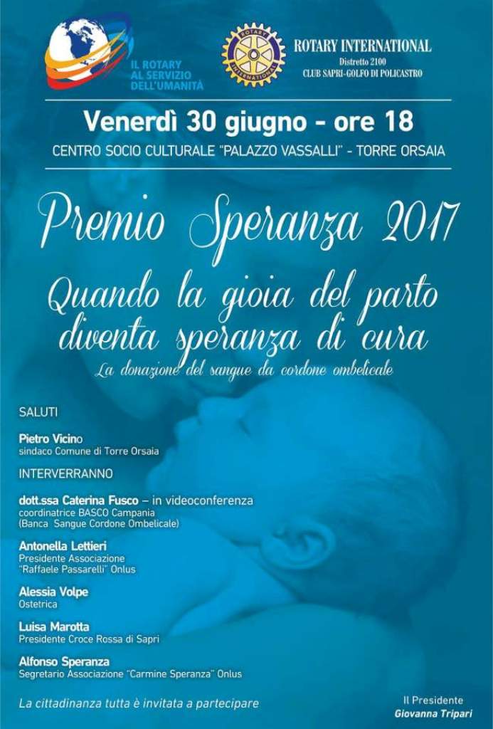 Il Premio Speranza 2017 dedicato alla donazione del sangue del cordone ombelicale