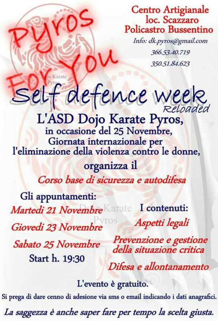 In occasione della Giornata contro la violenza sulle donne il Dojo Karate Pyros organizza un corso di sicurezza e autodifesa