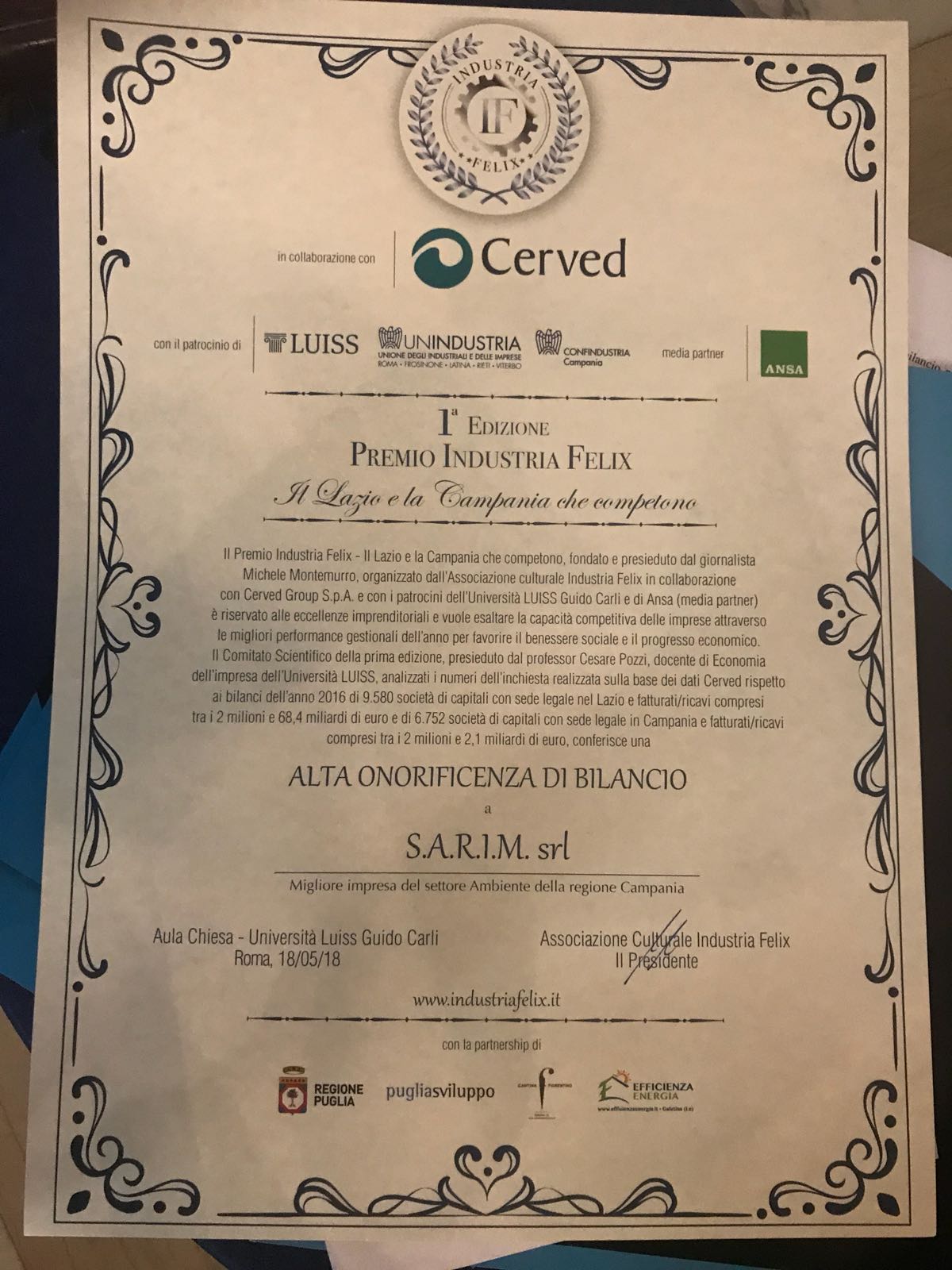 La Sarim premiata come Migliore impresa del settore Ambiente della Regione Campania