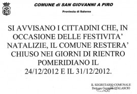 Chiusura uffici comunali nei pomeriggi del 24 e 31 dicembre