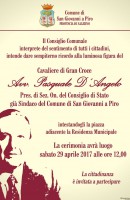 Sabato la Cerimonia di intestazione della Piazza al Cav. Pasquale D'Angelo